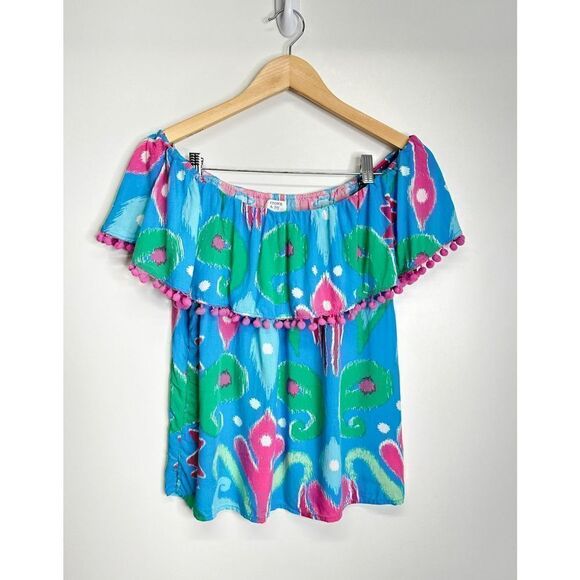 Crown & Ivy Off Shoulder Shirt Womens Small Blue/Pink Pom Trim Top - Picture 1 of 5